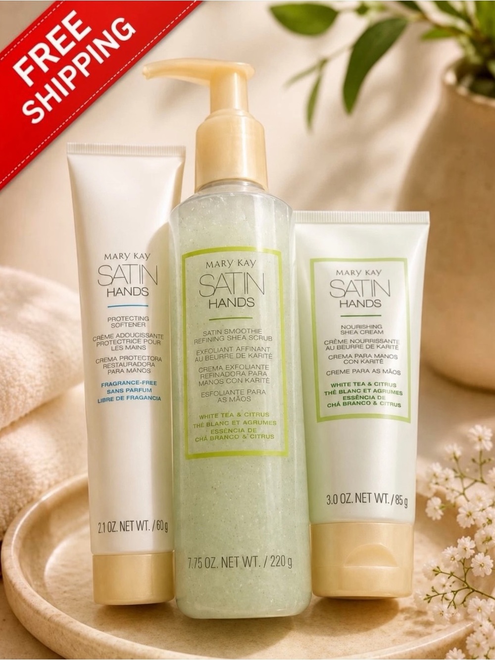 Mary Kay Satin Hands Trio with Light Green Accents NWOT